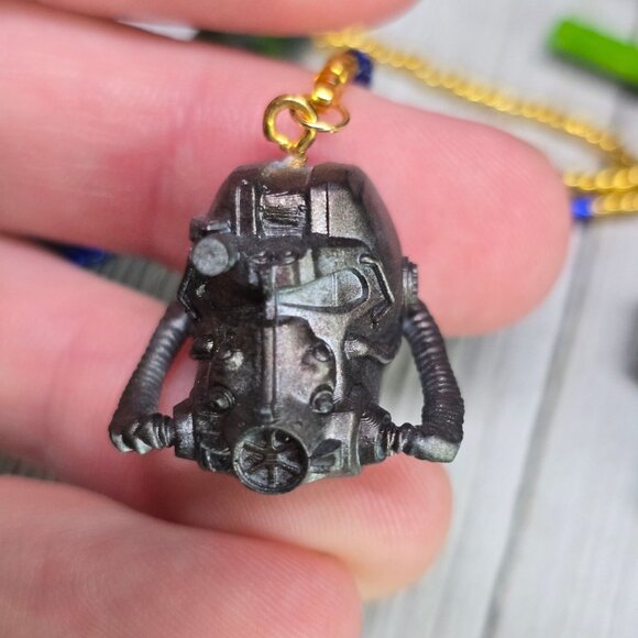Handmade Fallout Vault Inspired Hair Stick Helmet, Mini Nuke, and +2 Rad Charms - Picture 9 of 14